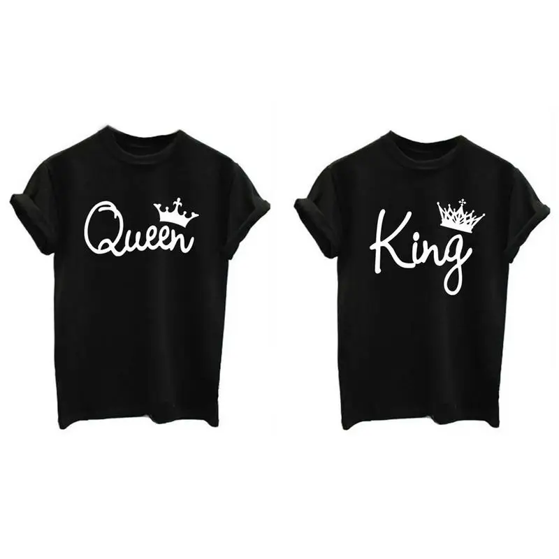 

Women's Men Couple Wear Short Sleeve Loose T-Shirt European American Simple Style King Queen Crown Print Black Casual Versatile