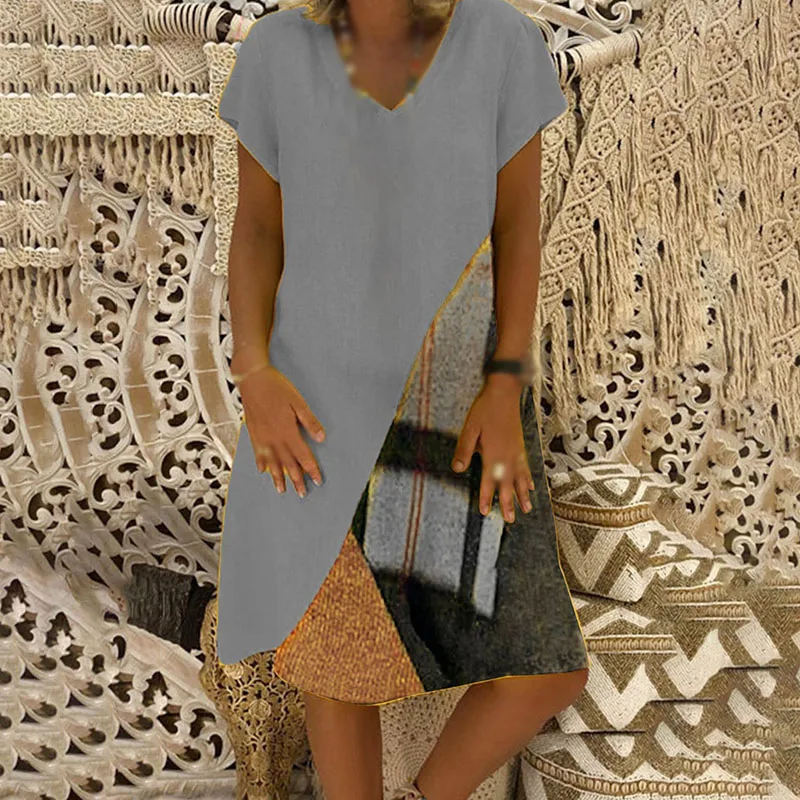 

Plus Size Women Summer V-neck Short Sleeve Dress Patchwork Loose Long Tunic Tops