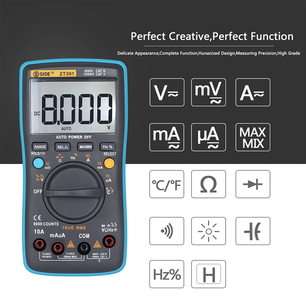 

Digital Multimeter Portable Ammeter Ohm Capacitance Temperature Tester Electrical Test Diagnostic Machine True RMS Backlight