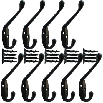 

FUNN-9 Pack heavy duty Coat Hooks Wall Mounted for Hat hardware Dual Prong Retro Coat Hanger with 20 Screws Black Color