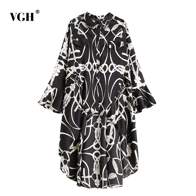 VGH Spring Women Dress Flare Sleeve Lapel Single-breasted Loose Slim Irregular Hem Print Hit Color Female Dresses Fashion New | Женская