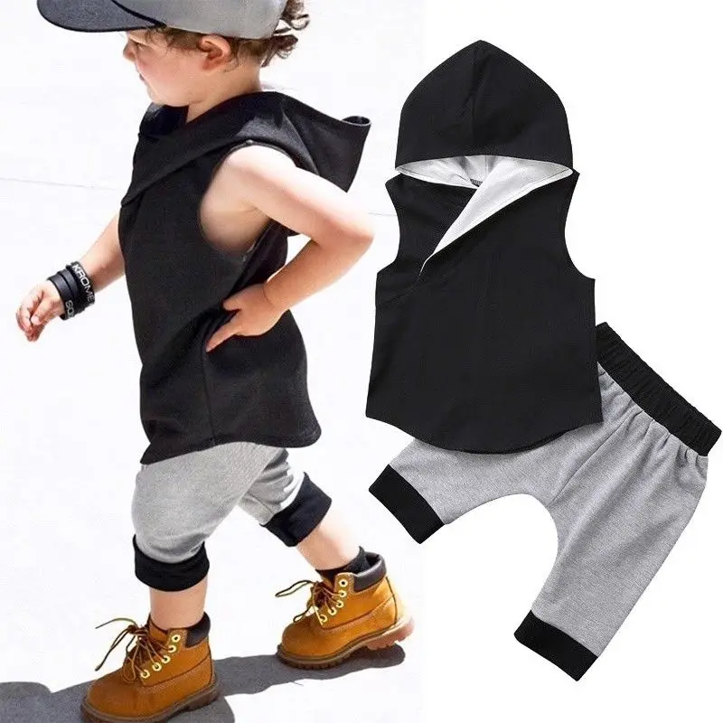 

2 pieces Solid Sleeveless Hoodie Top and Shorts Set For Toddler and Baby Boy