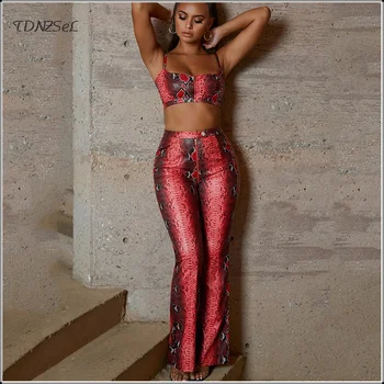 

Summer 2 Piece Set Women Pant And Top Snake Print Tube Crop Tops Tank High Waist Skinny Flare Trousers Sleeveless Slim Outfits
