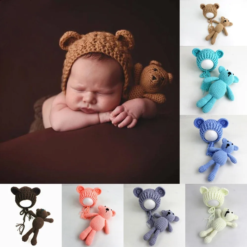 Nouveau-né bébé photographie accessoires ours oreille chapeau + jouets ensemble à la main tricot bébé chapeaux casquettes bébé Photo accessoire Fotografia