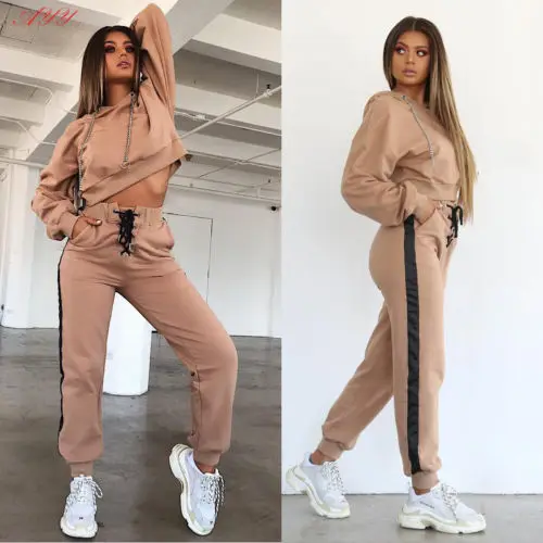 

2019 Brand New Fashion Womens Sport Sweat Crop Tops Pants Set 2Pcs Tracksuit Sweat Suit Elegant Female Casual Clothing Sets