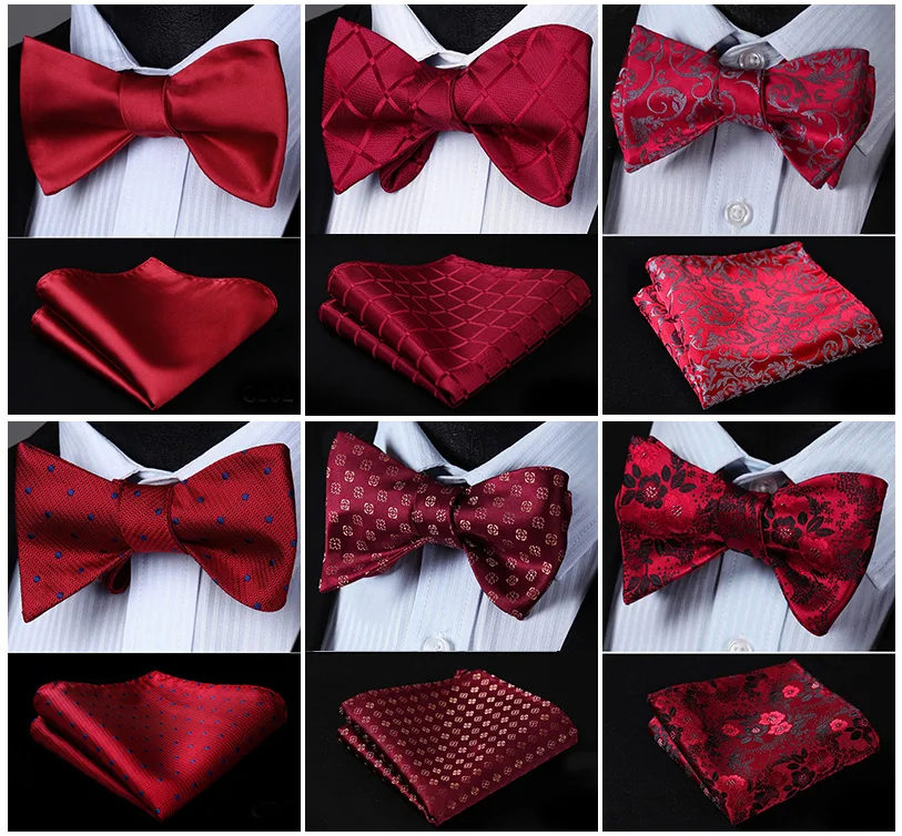 

Men's Bow Tie Handkerchief Red Burgundy Self Bow Tie Woven Silk Plaid Check Polka Dot Paisley Floral Party Wedding Business Set