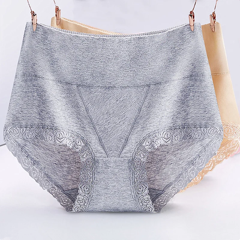 Women Cotton Lace High Waist Panties Soild Breathable Underpants Underwear Lingerie