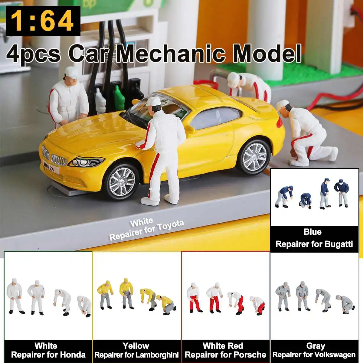 1 64 4pcs auto repairing people men for race medal technician repairing scenario model matchbox people toy race car technician