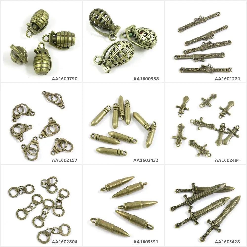 

Antique Bronze Tone Jewelry Charms Sword Bullet Handcuffs Hand Cuffs Grenade Bracelet Pendant Necklace Crafting Craft Making