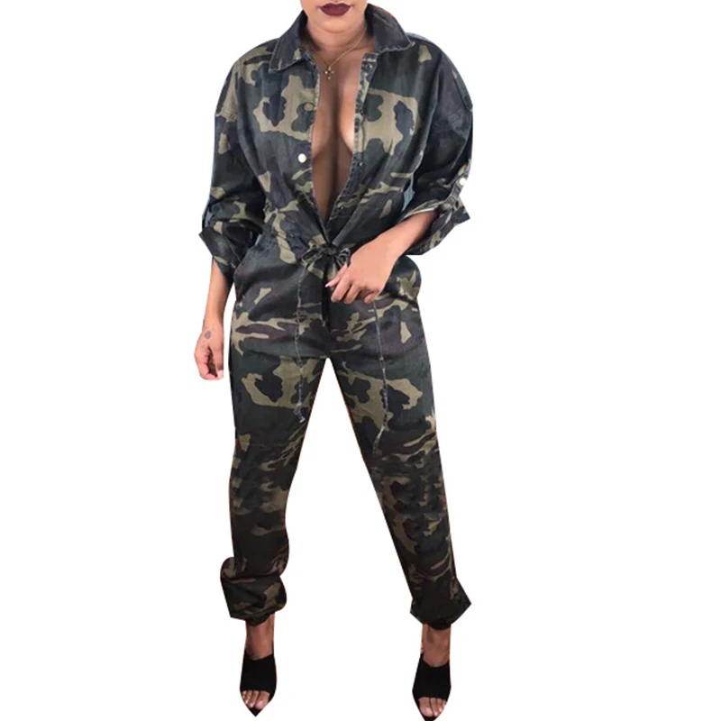 Army Green Camouflage Jumpsuit Women Turn Down Collar Drawstring
