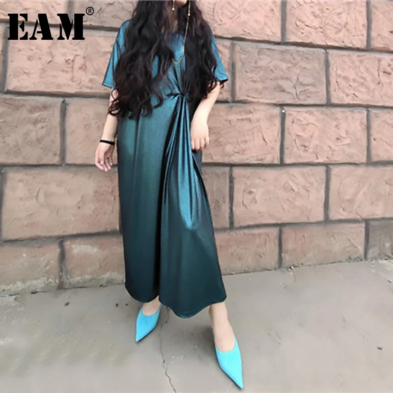 

[EAM] 2019 New Spring Summer Round Neck Short Sleeve Green Waist Fold Big Size Long Shining Dress Women Fashion Tide JT563