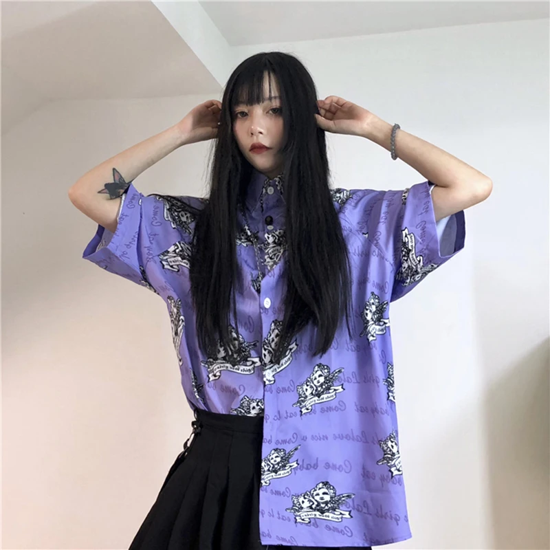 

Lychee Girls Short Sleeve 2019 Summer Spring Harajuku Dark Angle Letter Print Female Blouse Turn-down Collar Women Shirt Blouse