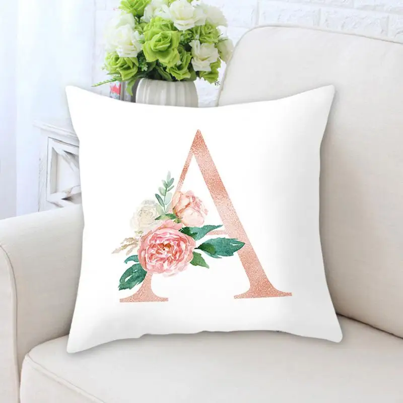 

English Alphabet A-Z Pillowcase Letters Flowers Small Fresh Cushion Cover English Sofa Waist Throw Pillow Decor Pillow Cover 1PC