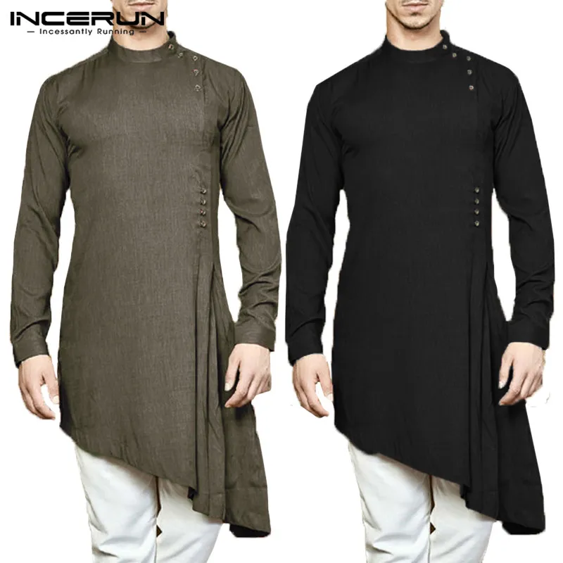 INCERUN, мужская рубашка, индийский костюм, хлопок, длинный рукав, сплошной цвет, асимметричный подол, мужская длинная рубашка, исламский мусульманский Арабский Кафтан