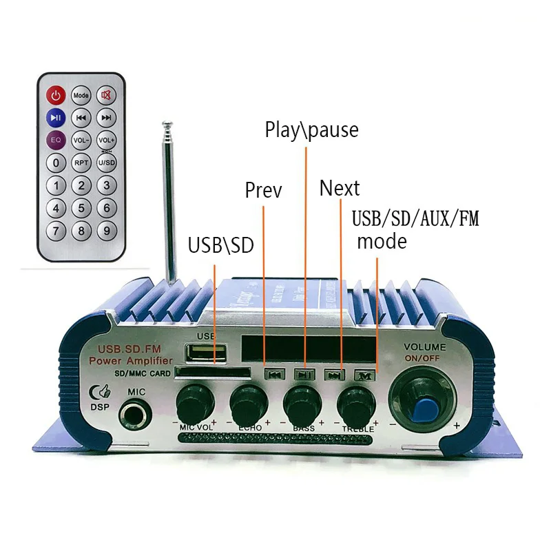 High quality RCA input/output socket And Av Cable Usb Sd Fm Professional Karaoke Amp For Car EU Plug Blue
