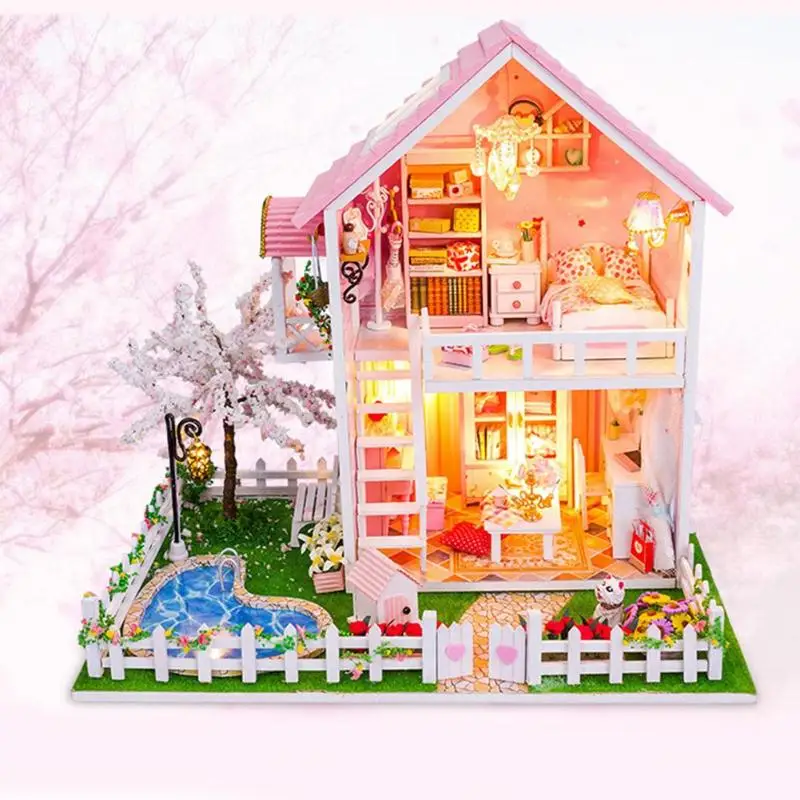 

Cherry Tree DollHouse 3D Wooden Dolls House Dollhouse Miniatures DollHouse Kits with Dust Cover for Girls Toddler Kids