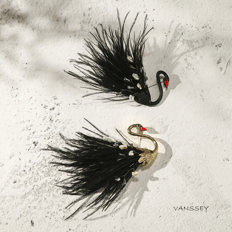 Vanssey, модное ювелирное изделие, ручная работа, птица, Черный лебедь, натуральный жемчуг, страусиный Страус, брошь, булавки, аксессуары для женщин, новинка