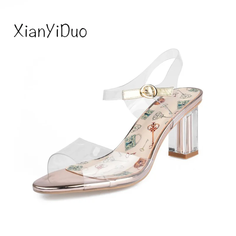 

Xianyiduo 2019 Summer new Women's Shoes Party Sandals High Heel Sexy transparent heel clear bling Buckle Strap / X701