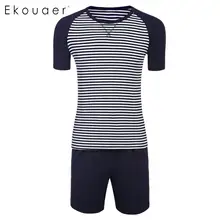 Ekouaer мужские летние Пижамные комплекты, повседневные топы в полоску с короткими рукавами и круглым вырезом, эластичные шорты на эластичном поясе, пижамы, пижамные костюмы