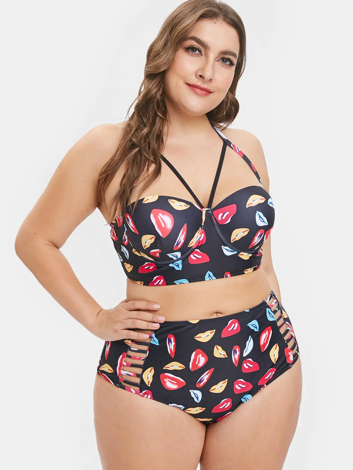 Wipalo Women Fashion Lip Print Plus Size Halter Neck Beach Set Two Pieces Ladies Swim Wear Casual 2019 Summer Bathing Suit|Спортивные