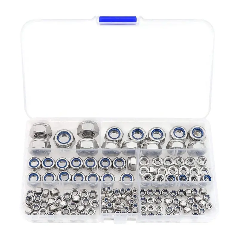 

New 304 Stainless Steel Lock Nut Assortment 180 Pcs,M3 M4 M5 M6 M8 M10 M12 Nylon Insert Locknut
