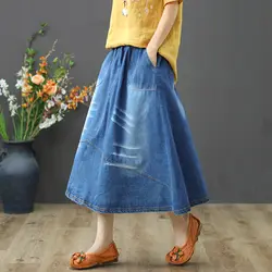 Женская юбка джинсовая хлопковая трапециевидная сплошная Империя Талия карманы до середины икры Длина Мода Повседневная 2019