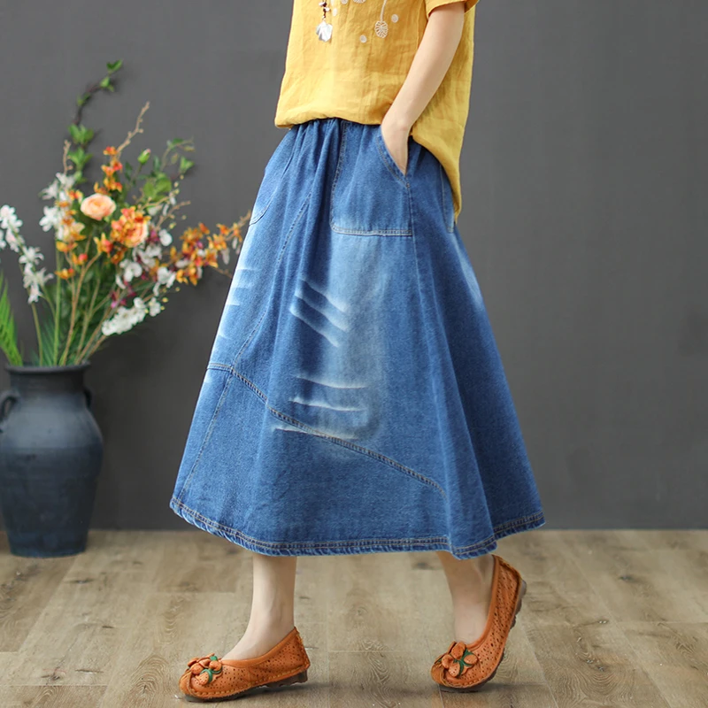 

Women Skirt Denim Cotton A-Line Solid Empire Waist Pockets Mid-Calf Length Fashion Casual 2019