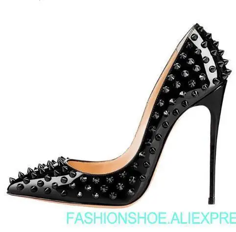 

Luxury Designer Rivets black patent leather heel woman spike Pointy Toe Party Stiletto Shoes