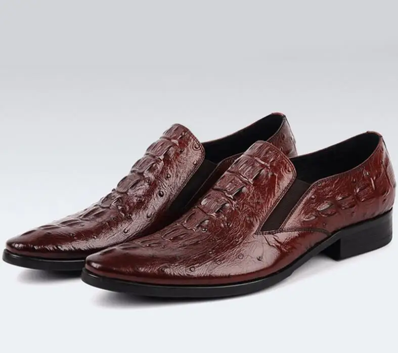 

Smart Casual Shoes Men Elastic Band Slip On Alligator Pattern Pointed Toes Genuine Leather Summer Dress Shoes Low Heel Black