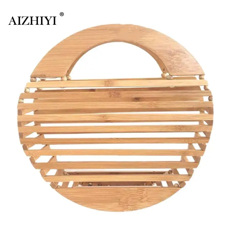 

New Travel Vacation Round Totes Bamboo Handbag Wooden Women Hollow Summer Beach Bags Female Handmade Straw Bag Women's Purse