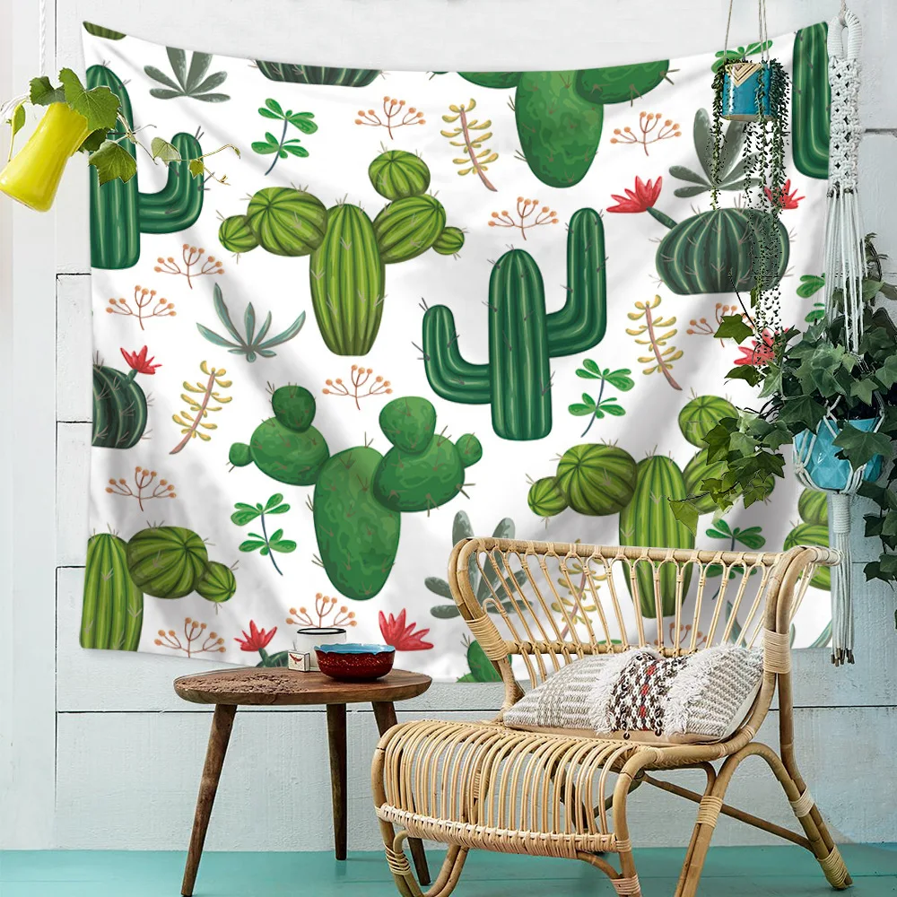 

Home Decor Bohemia Tapestry Macrame Wall Hanging HD Green Cactus Pattern Watercolor Landscape Wall Cloth Tapestries Cactus Throw