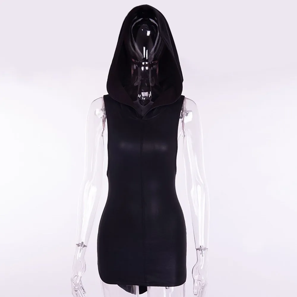 Rosetic Сексуальное Тонкое Короткое Мини Платье асимметричное с капюшоном Harajuku Goth