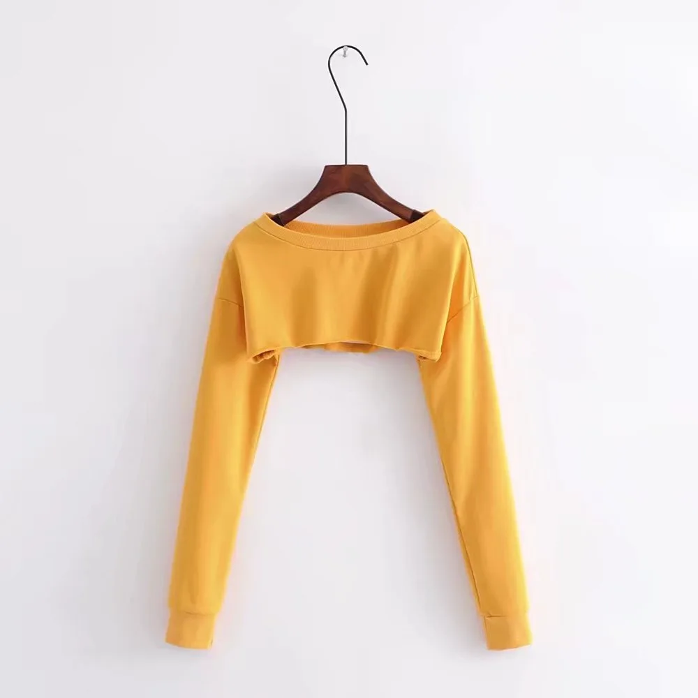 2019 Модные женские однотонная Толстовка повседневные с длинным рукавом Crop Top Cool o-образным вырезом толстовки