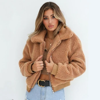 

Fashion Womens Autumn Winter Warm Wool Plush Loose Jacket Long Sleeve Turn-down Collar Zipper Thick Short Cool Coat For Girls