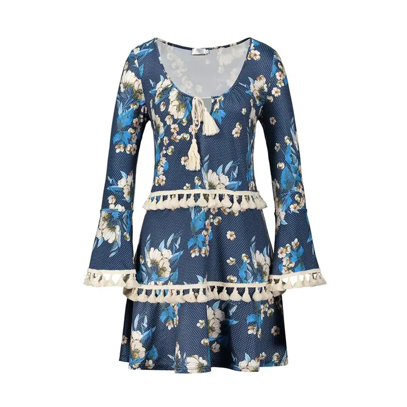 Для женщин миди платья для Элегантный Boho Лето 2019 синий Путешествия Aline с