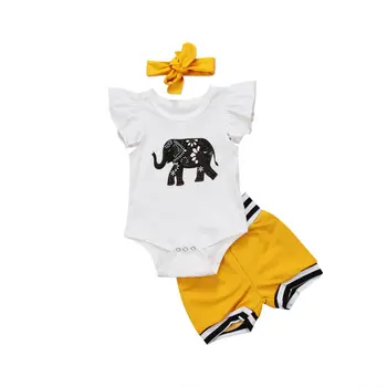 

Newborn Baby Girls Clothes Set Cute Elephant Tops Off Shouler Romper + Shorts Bottoms + Headband Outfits