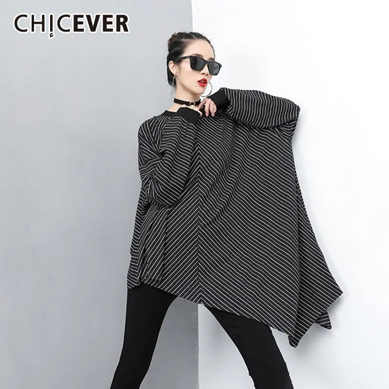 

CHICEVER Spring Striped Women T-shirt O Neck Long Sleeve Irregular Hem Loose Oversize Female Pullover Top Clothing 2019 Fashion