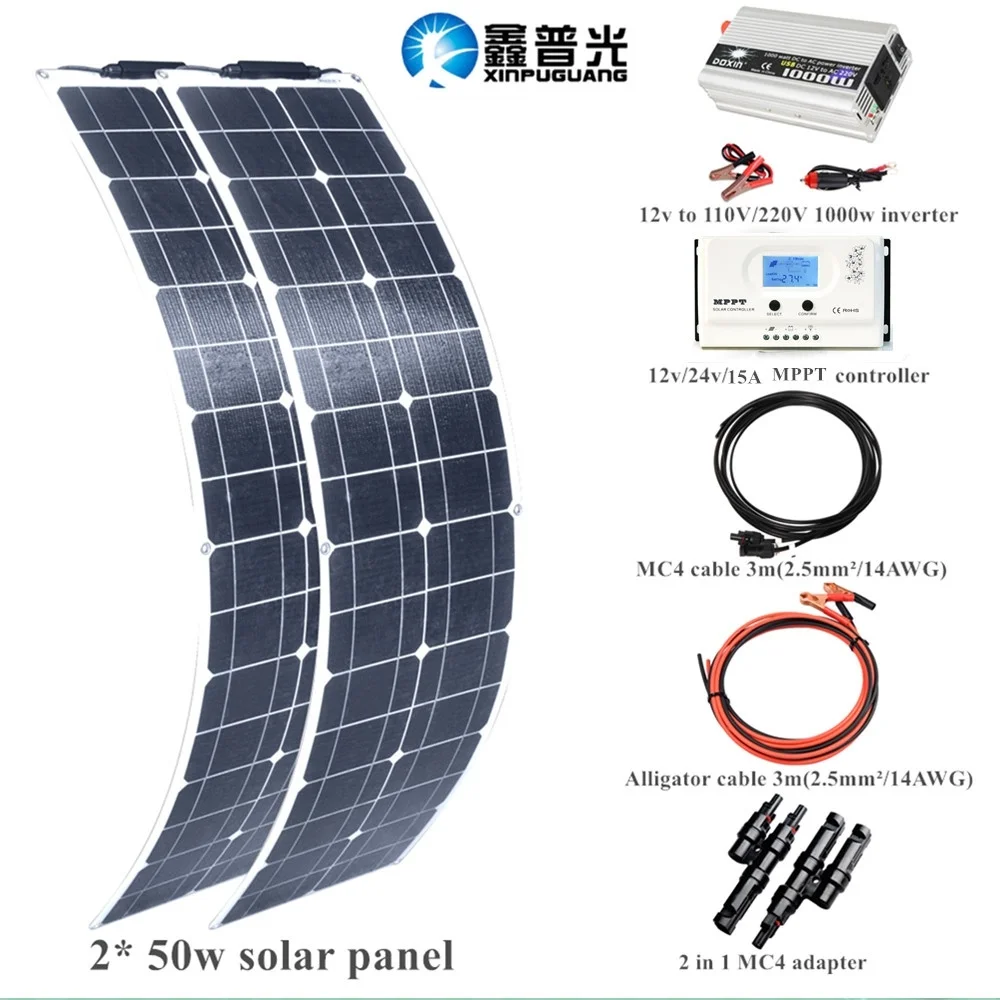 

2* 50W 100w ETFE flexible Monocrystalline Solar Panel system kit Inverter Controller Module for 12v Battery Charger Charging