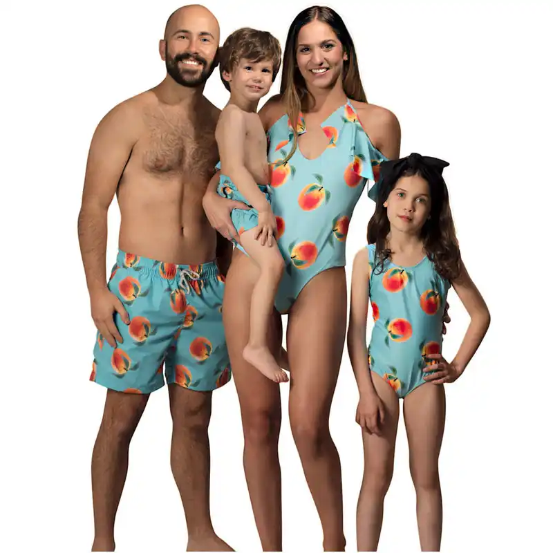 matching swim trunks and bikini