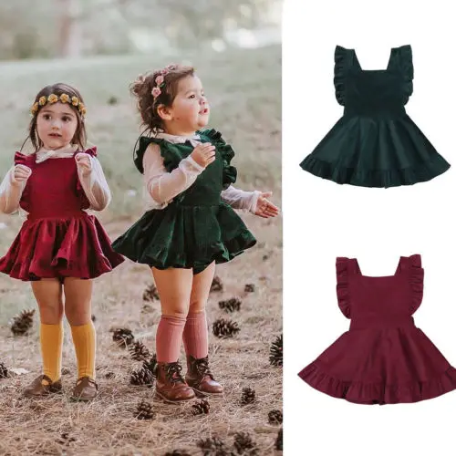 

New Toddler Kid Baby Girl Corduroy Dresses Ruffles Sleeveless Solid Bowknot Dress Summer Sundress