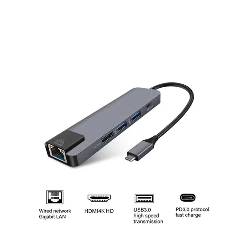 5 in 1 USB Type C Hub Hdmi 4K USB C Hub to Gigabit Ethernet Rj45 Lan Adapter for Macbook Pro Thunderbolt 3 USB-C Charger Port