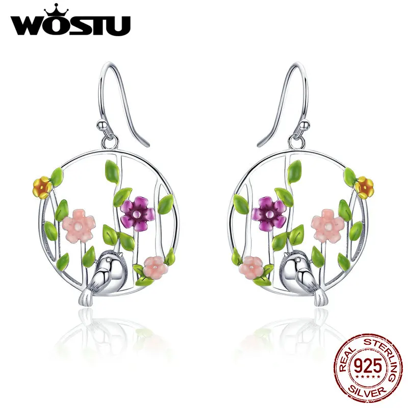 Женские серьги подвески WOSTU из 100% серебра 925 пробы с цветком и птицами романтичные