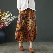 Юбки Новое поступление Акция бутон Saia Midi Faldas Mujer Женская льняная юбка с завышенной талией по щиколотку с принтом винтажная Весна