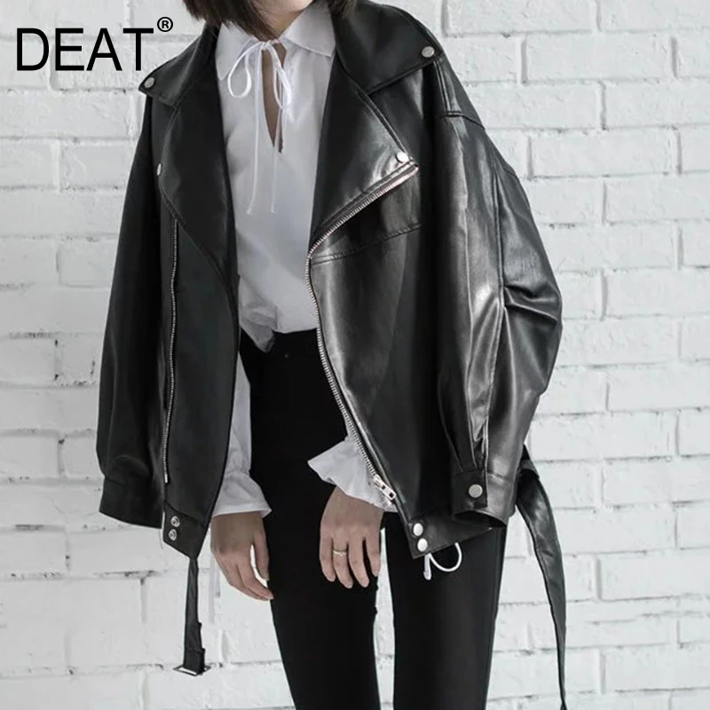 

[DEAT] High Quality 2019 Spring Black PU Leather Loose Turn-down Collar Zipper Fashion New Women's Wild Jacket LA938