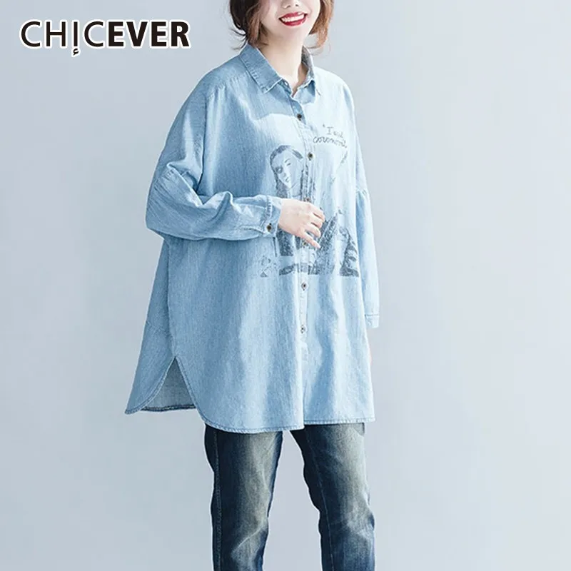 

CHICEVER 2019 Spring Denim Print Women Tops And Blouses Batwing Sleeve Loose Oversize Shirts Korean Fashion Clothing