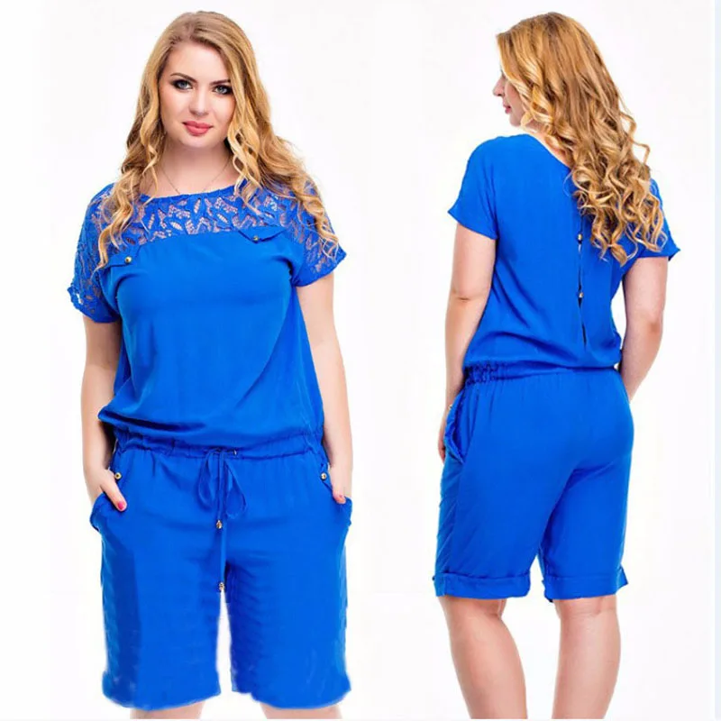 

2019 Summer Jumpsuit for Women Elegant Hollow Out Lace Overalls Shirt Blue Tracksuit Women High Waist Big Plus Size XXXL 4XL 5XL