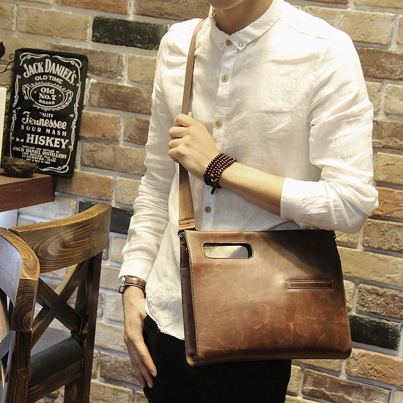 

2019 New Fashion Crazy Horse Pu Leather Men Bags Small Shoulder Bag Men Messenger Business Crossbody Leisure iPad Handbag Brown