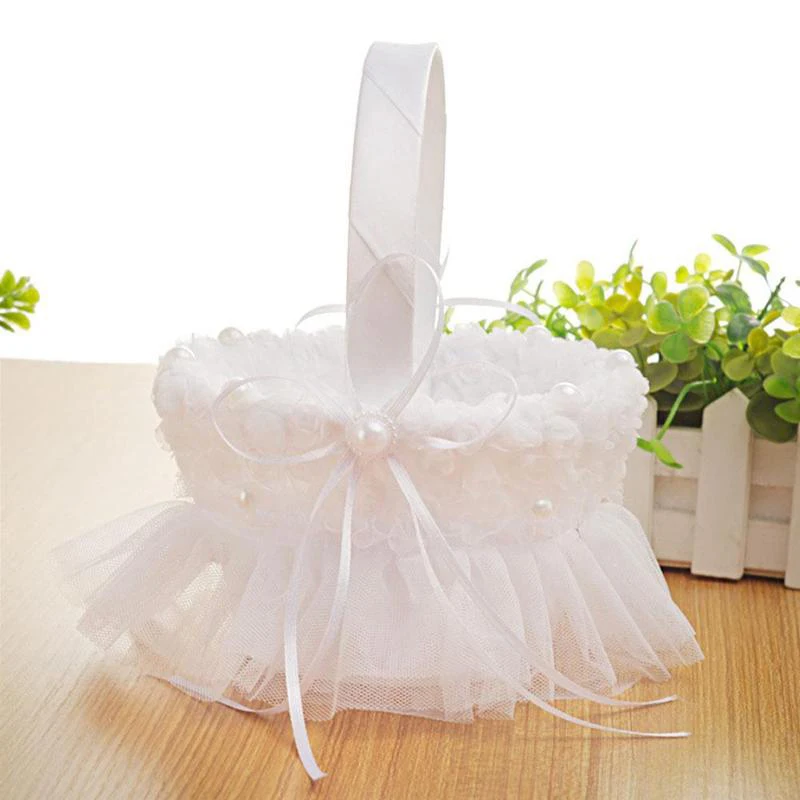 

Pure White Lace Mesh Rose Disc Embroidered Girl Wedding Flower Basket Quality