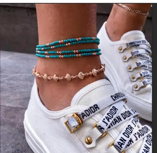 

JCYMONG 2019 New Handmade Blue Beads Anklet Bracelet On the Leg Gold Color Shell Multilayer Anklets For Women Beach Foot Jewelry