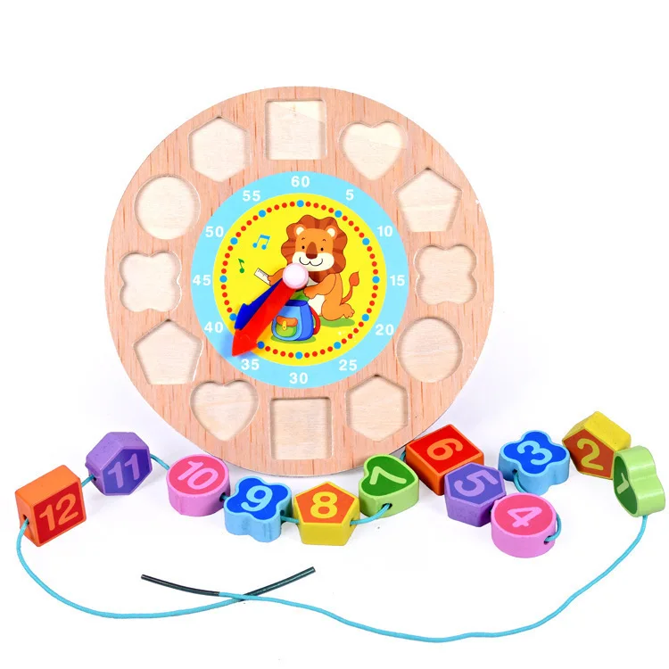 Wooden Digital Clock Geometry Shape Pair Building Block Hand  Early Childhood Intelligence Initiation Toys for Baby Learning